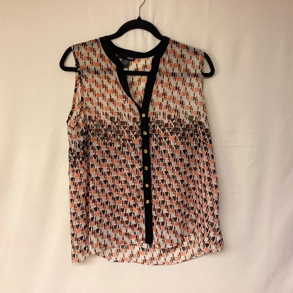 Aqua blouse SZ M sheer hi-low hem abstract print button down causal offi…